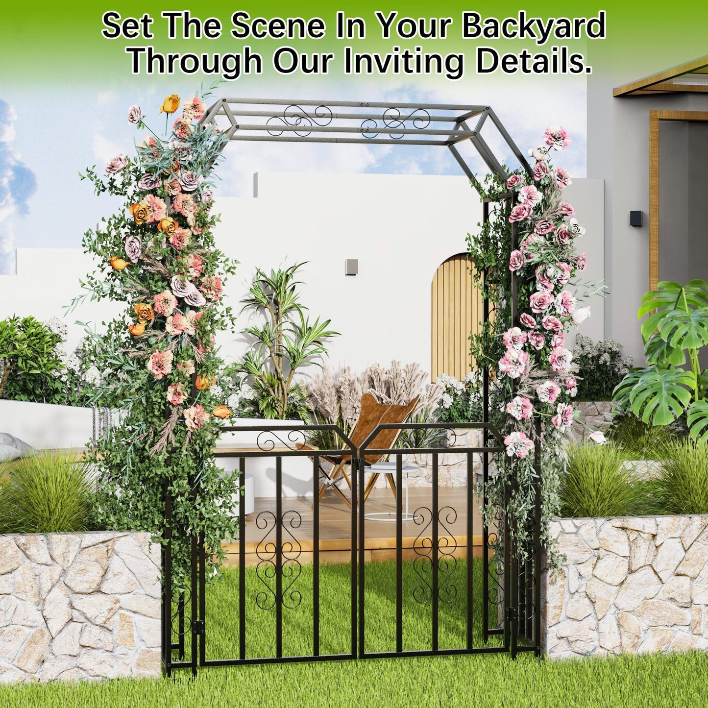YOHKOH Garden Arch with Gate, Metal Garden Arbor with Gate, Double Lockable Design, 59" W x 15.7" D x 94.8" H Outdoor Arch for Climbing Plants, Heavy-Duty Outdoor Arbor for Wedding, Lawn and Backyard