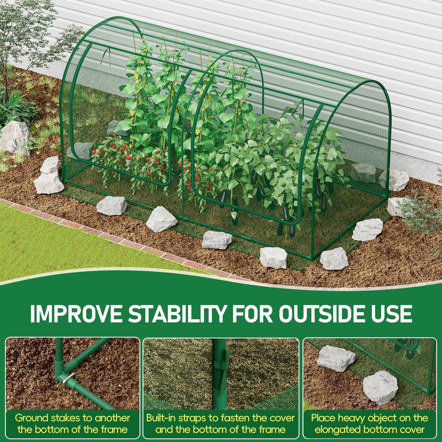 SPECILITE 98x49x49in Garden Plant Netting Mesh Cover for Raised Bed with Roll-up Zipper Door for Vegetables Fruits, Large Tunnel Gardening Net, Green
