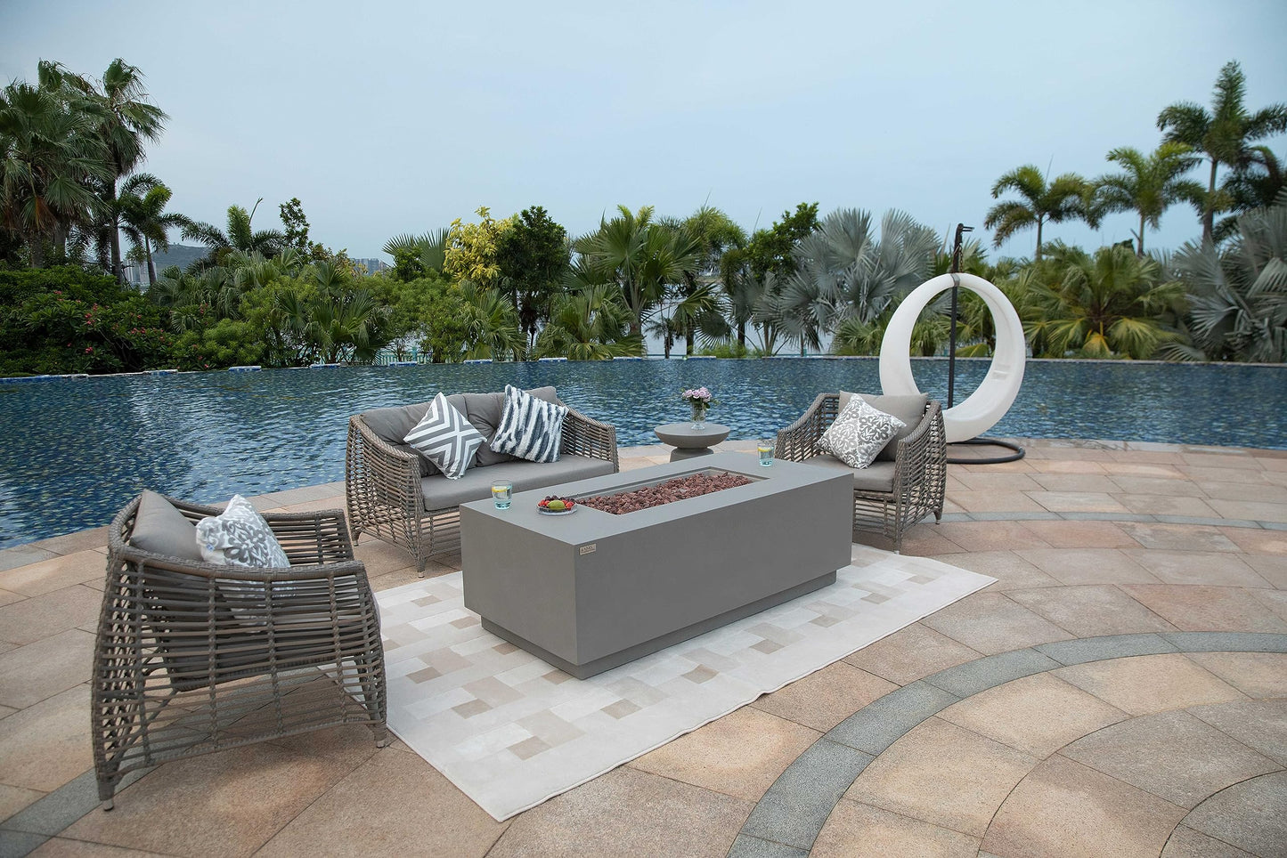 AMS Fireplace Genuine Concrete Rectangular Propane Fire Pit Table for Outside Patio (66" Sedona) | Hidden Tank Drawer & Electronic Ignition | w/Bonus Ice Bucket and Rubber Mat (Light Gray)