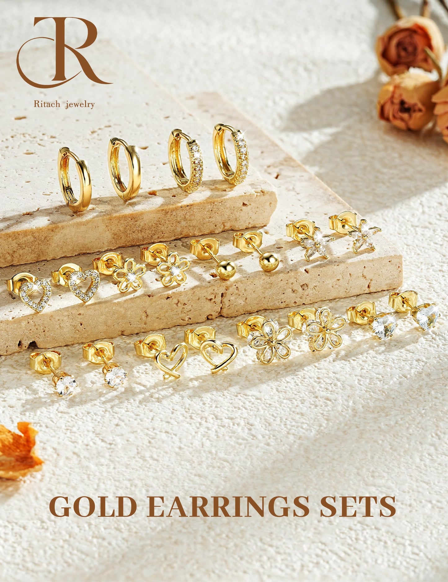 Small Gold Stud Earrings Set for Women - 14K Gold Plated CZ Huggie Hoops Hypoallergenic Earrings Dainty Flower Heart Stud Earring for Jewelry Gift