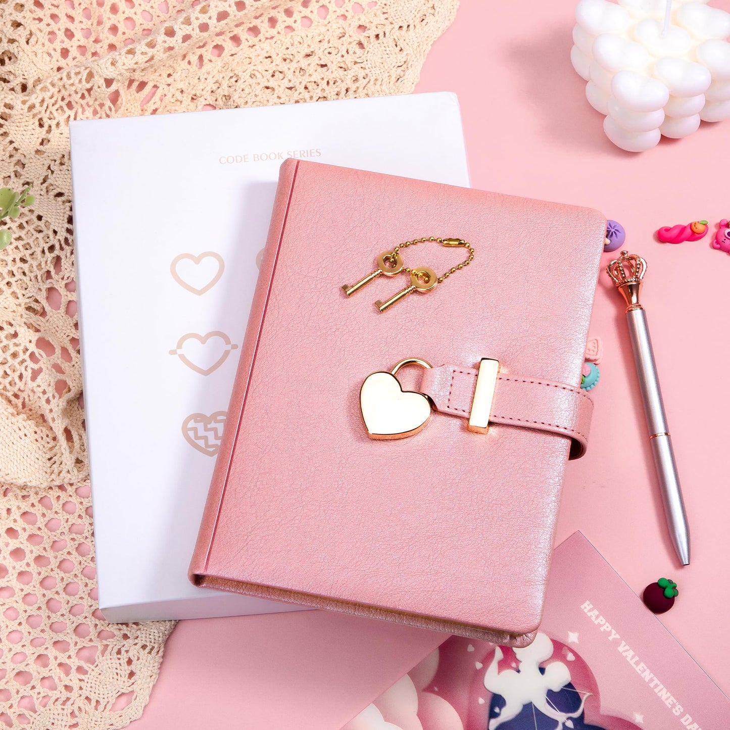CAGIE Diary with Lock for Girls Ages 8-12 Journal with Lock and Key 296 Gold Edged Pages Heart-Shaped Locked Journal for Women Teen Girls with Gift Box (A - Pearl Pink)