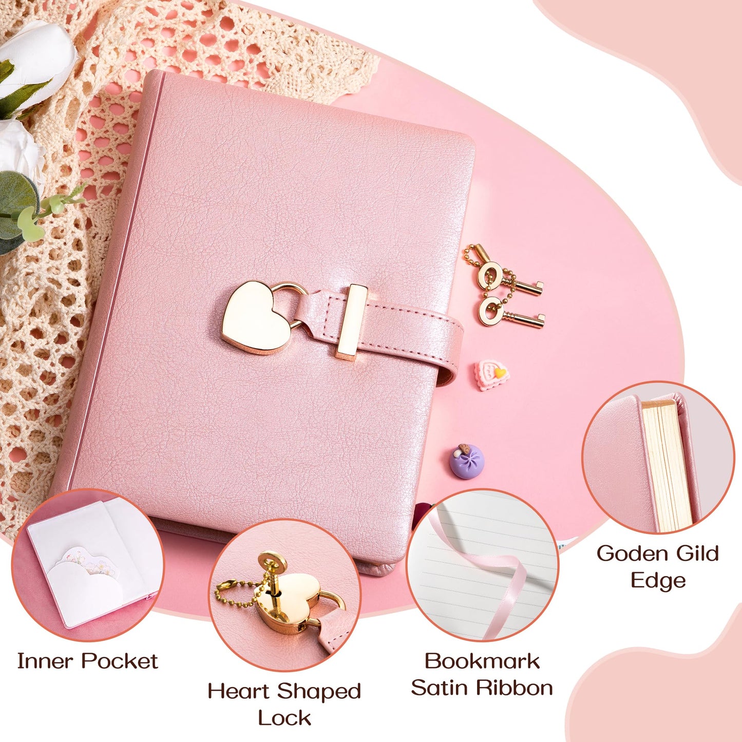 CAGIE Diary with Lock for Girls Ages 8-12 Journal with Lock and Key 296 Gold Edged Pages Heart-Shaped Locked Journal for Women Teen Girls with Gift Box (A - Pearl Pink)