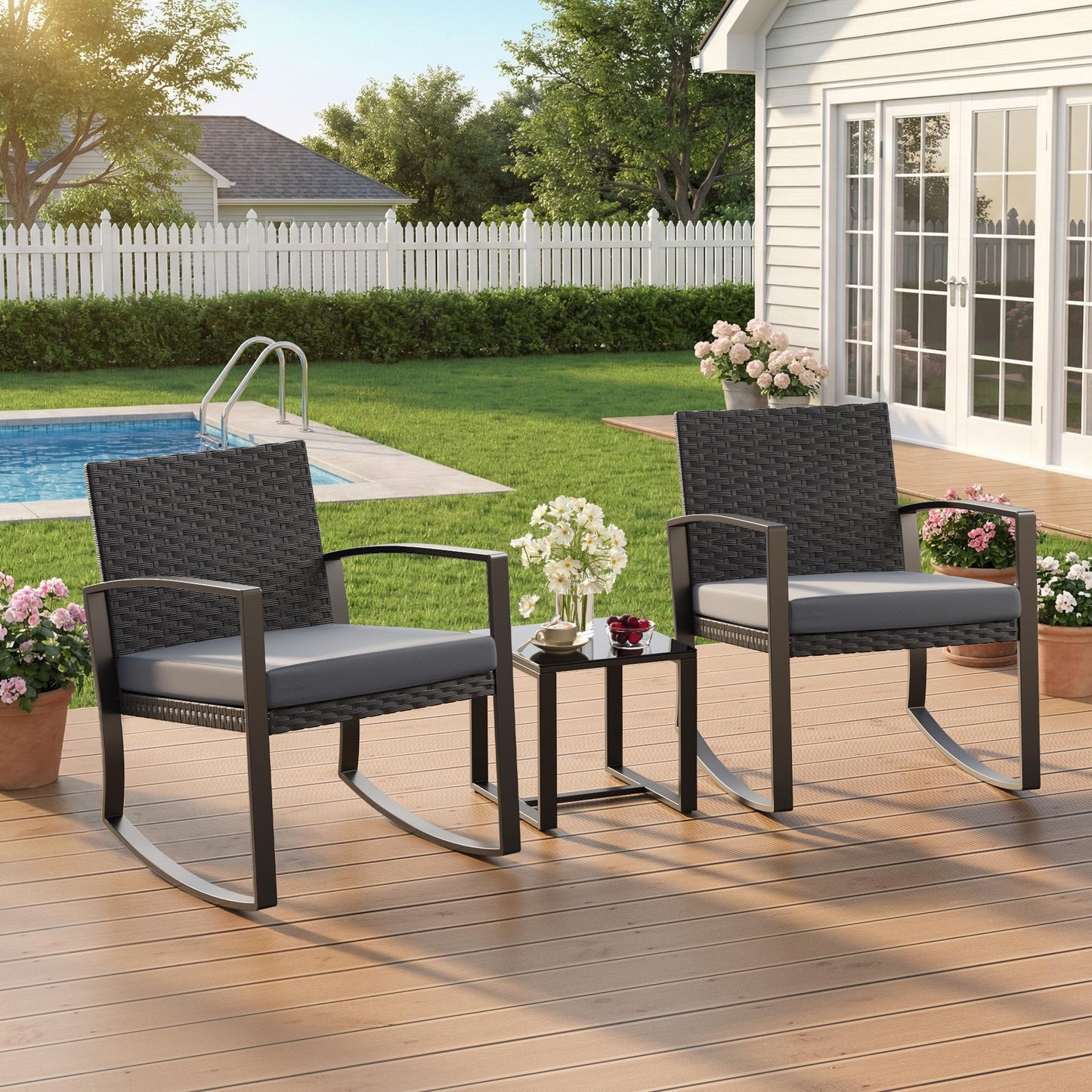 Qsun 3 Pieces Outdoor Patio Furniture Set Rocking Bistro Set Outdoor Rattan Conversation with Coffee Table for Garden Balcony Backyard Poolside (Grey Cushion)