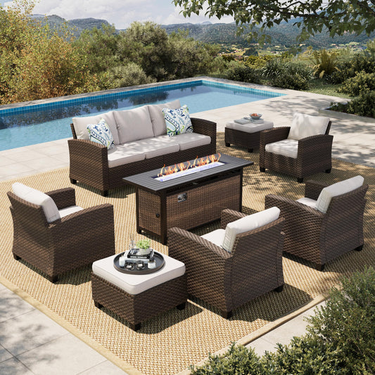 HERA'S HOUSE Patio Furniture Set, Outdoor Wicker Furniture with Fire Pit, 8 Pieces Deep Seating Outdoor Conversation Sofa Sets with Thick Cushions for Deck Backyard Lawn, Beige